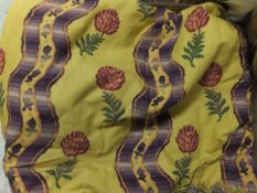 Four pairs of cotton interlined curtains, the mustard ground decorated with purple ribbon and