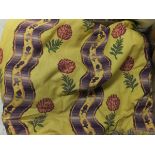 Four pairs of cotton interlined curtains, the mustard ground decorated with purple ribbon and