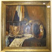VAN KEMPEN "Regimental drum, sheet music, flag and horn", oil on canvas, indistinctly signed verso