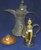 A 19th Century brass coffee pot, copper lidded dish, a large Middle Eastern coffee pot and 19th