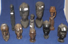 Ten assorted African carvings, seven of