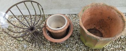 Four various plant pots / jardiniers and a wrought iron basket CONDITION REPORTS Wrought iron