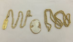 Two 9 carat gold chains, together with a cameo CONDITION REPORTS Cameo with damage and losses (