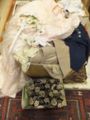 A box containing various clothing to include men's suits, bridesmaid dresses, evening dress, etc,