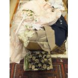 A box containing various clothing to include men's suits, bridesmaid dresses, evening dress, etc,