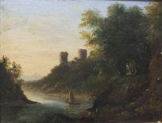 ENGLISH SCHOOL "Sailing dinghy on river with figures in foreground and ruined castle in background",