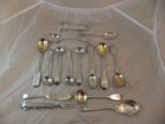 A collection of silver spoons, including various Georgian mustard spoons,  Edwardian jam spoon,