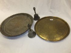 Two Chinese table bells, Indian brass tray and an Indian silvered copper tray CONDITION REPORTS