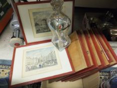 A collection of items comprising twelve prints of Munich, a Dutch "Glug Glug" decanter with