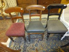 Three GWR waiting room chairs with bar backs and turned and ringed front legs (one upholstered in