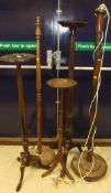 Three mahogany torcheres, each on tripod base, together with two standard lamps,