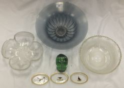 Two cut glass bowls, a large opalescent lustre bowl, three oval dishes decorated with painted