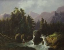 ENGLISH SCHOOL "Figure in lake by waterfall with castle in background", oil on canvas, unsigned,