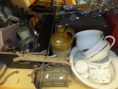 A collection of items to include enamelled wash set, cast iron outside lantern, a stoneware flagon,