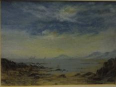 ENGLISH SCHOOL "Bay with tall-masted ship on horizon", gouache,