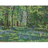 FAITH SHEPPARD (1920-2008) "Woman with dog in bluebell wood", oil on board,