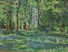 FAITH SHEPPARD (1920-2008) "Woman with dog in bluebell wood", oil on board,