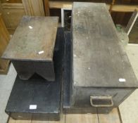 A collection of three various wooden boxes and an oak trestle end stool