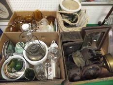 Three boxes of sundry china, glass and metal wares to include Primus stove, oil lamps, chamber pots,