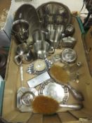 A box of assorted silver and plated and other metal wares to include dressing table bottles,