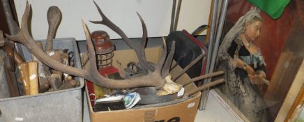 A collection of sundry items to include a selection of vintage tools, a pair of deer antlers,
