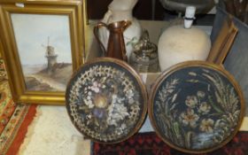 Two Victorian circular wood footstools with beadwork upholstered tops,