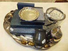 A collection of plated wares to include galleried tray, cut glass ice bucket,