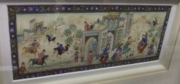A PERSIAN SCHOOL painted ivory plaque decorated with polo players and musicians in a garden setting