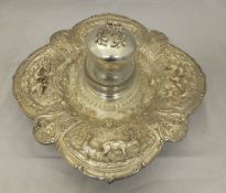 A Victorian cast plated and cut glass inkwell,