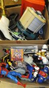 Two boxes of toys, etc, to include Transformers, Buzz Lightyear, Sega Saturn, Meccano,