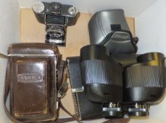 A box containing a collection of cameras, etc, to include a Nagel bellows camera,