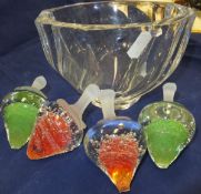 An Orrefors (Sweden) glass bowl, four glass strawberry shaped ornaments,