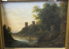 ENGLISH SCHOOL "Sailing dinghy on river with figures in foreground and ruined castle in background",