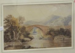 CHARLES L SAUNDERS (1855-1915) "Bridge over stream", watercolour, signed lower left,