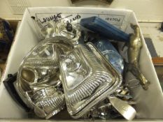 A box of assorted plated wares to include egg cruet, four piece tea set, double tureen,