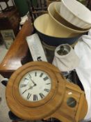 A box containing a William Drew battery operated pine framed wall clock with Roman numerals,