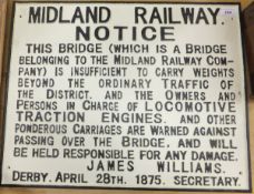 A reproduction cast iron Midland Railway sign, inscribed "Midland Railway Notice ....