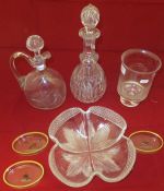 Assorted glassware to include two decanters, two mugs, celery glass, cut glass dish,