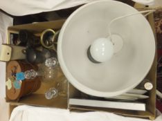 A box containing three cut glass decanters, pewter mugs, brass pestle and mortar,