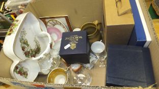 A box of miscellaneous items to include a Hammersley strawberry set,