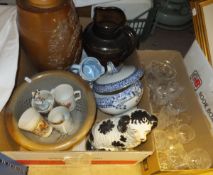 A collection of china and glassware to include a stoneware barrel,