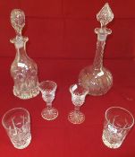 Two decanters, odd drinking glasses and a glass grenade scent bottle with silver mounts,