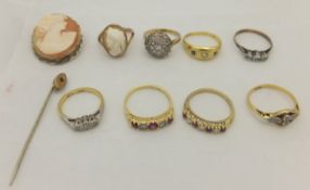 A collection of eight various dress rings, to include cameo set ring,