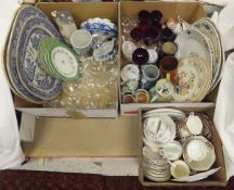 Two boxes of sundry china and glass ware to include meat plates, jugs,