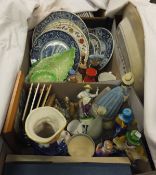 Two boxes of assorted decorative china wares to include modern Delft style plates,