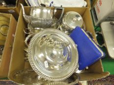 A box of plated wares to include a muffin dish, twin-handled tureen,