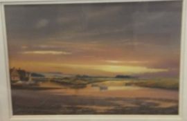 TONY GARNER "Estuary art sunset", pastel, signed lower middle, ENGLISH SCHOOL "Settlement by lake",