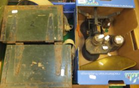 Two green painted wooden box "Telephone Set F" field telephones and a box of kitchen scales and