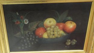 ENGLISH SCHOOL "Still life study of fruit in bowl", oil on canvas, unsigned,