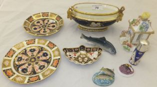 Three pieces of Royal Crown Derby to include a fan shaped trinket dish, a plate and a saucer,